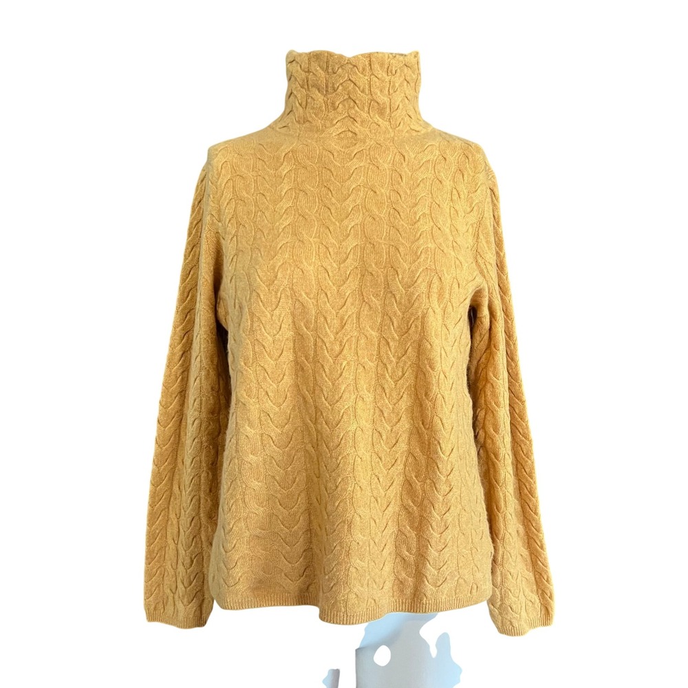 Garnet Hill Mustard Yellow 100% Cashmere Cable Knit Turtleneck Sweater Small